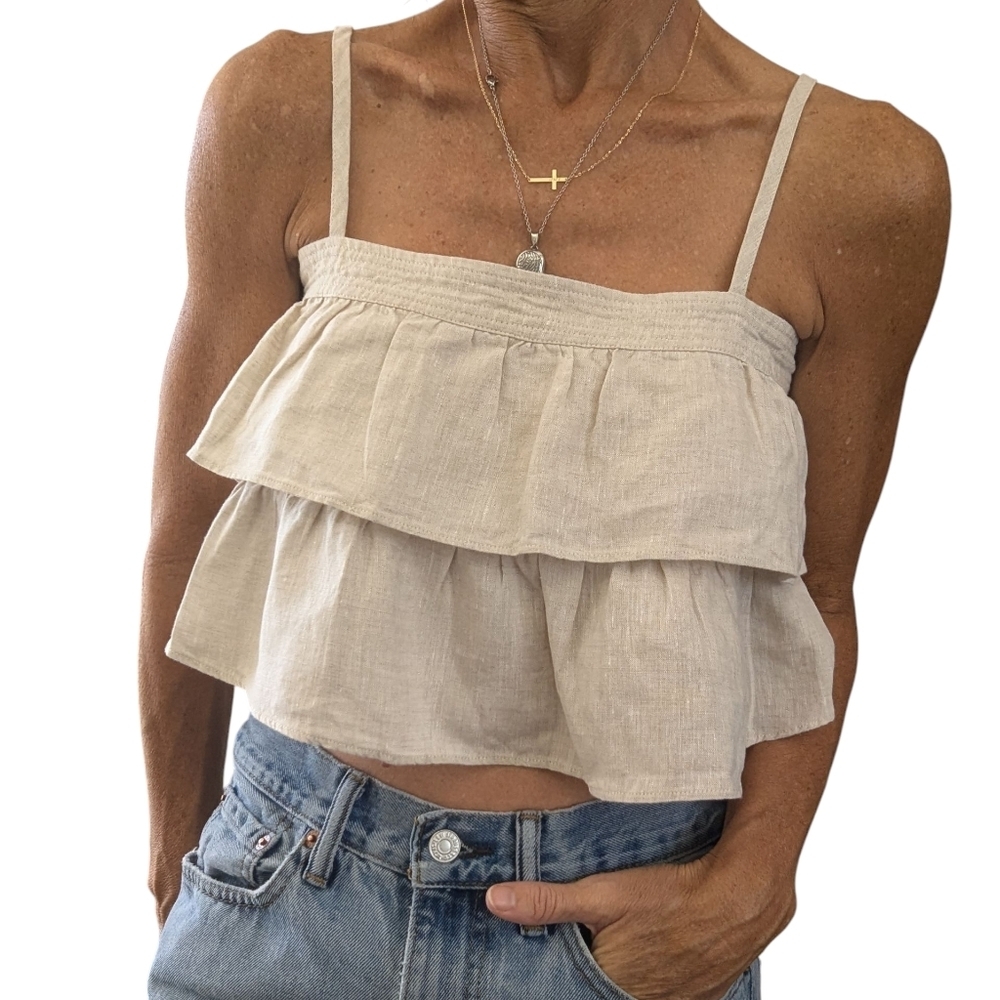 Reset 100% Linen Ruffle Tiered Crop Top Tank Beige Sleeveless Summer Boho M